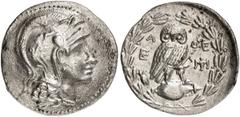 GRIECHEN ATTIKA ATHEN. Tetradrachme des Neuen Stils (16,21g). 185/84 v. Chr. Vs.: Kopf der Athena mit attischem Helm nach r. Rs.: A-ΘE, Eule auf Amphora, in den Feldern Monogramme, links unten eine Zi
