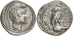 GRIECHEN ATTIKA ATHEN. Tetradrachme des Neuen Stils (16,44g). 126/125 v. Chr. Vs.: Kopf der Athena mit attischem Helm nach r. Rs.: A-ΘE, Eule auf Amphora, Beamte: EΠIΓENH/ΣΩΣANΔΡOΣ /MHTΡO, im Feld l. 