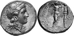 GRIECHEN SIZILIEN SYRAKUS Objekt-Nr.: 61 Agathokles, 317 - 289 v.Chr. Tetradrachme, (16,58 g.), 3. Periode, ca. 305 - 295 v.Chr. Mzst. in Afrika(?) Vs.: KOPAS, Kopf der Kore n. r. Rs.: AGAQOKLEIOS, Ni