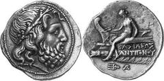 GRIECHEN MAKEDONISCHE KÖNIGE Objekt-Nr.: 133 Antigonos III. Doson 229 - 221 v. Chr. Tetradrachme, (16,15 g.), Mzst. Korinth(?). Vs.: Kopf des Poseidon mit einem Kranz aus Seegras. Rs.: Apoll mit Bogen