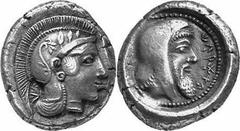 GRIECHEN LYKIEN DYNASTEN Objekt-Nr.: 232 Kherei Stater (8,54 g.), 440 / 410 v. Chr. Mzst. Pinara. Vs.: Kopf der Athena mit attischem Helm r. Im Nacken "Ke". Rs.: "kherei", Kopf des Dynasten mit persis