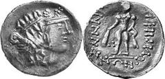 KELTEN MITTLERE UND UNTERE DONAU Nachahmungen der Tetradrachmen von Thasos Objekt-Nr.: 1079 Klasse III: Auflösung der Legende Tetradrachme, (14,34 g.), Vs.: Stilisierter Kopf des Dionysos n. r. Rs.: S