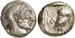 GRIECHEN ATTIKA ATHEN Tetradrachme (17,44g). Um 500 - 480 v. Chr. Vs.: Kopf der Athena im attischen Helm mit Helmbusch n. r. Rs.: AΘE, Eule nach r. sitzend. Links oben Ölbaumzweig. Seltman Taf. XI (A 