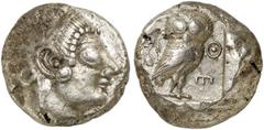 GRIECHEN ATTIKA ATHEN Tetradrachme (17,05g). Um 500 - 480 v. Chr. Vs.: Kopf der Athena mit attischem Helm n. r. Rs.: AΘE, Eule und Olivenzweig. Svoronos Taf. 4, 1ff.; Seltman Taf. VIII, Gruppe Gi. Gut