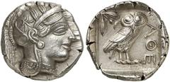 GRIECHEN ATTIKA ATHEN Tetradrachme (17,17g). nach 449 v. Chr. Vs.: Athena im verzierten attischen Helm mit Lorbeerkranz n. r. Rs.: AΘE, Eule im Quadratum incusum n. r. stehend, l. oben im Feld Olivenz