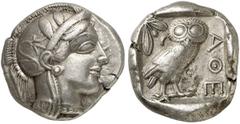GRIECHEN ATTIKA ATHEN Tetradrachme (17,13g). nach 449 v. Chr. Vs.: Kopf der Athena mit attischem Helm und Lorbeerkranz n. r. Rs.: AΘE, Eule, Olivenzweig und Mondsichel. Starr Taf. 22f. Gutes ss