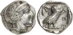 GRIECHEN ATTIKA ATHEN Tetradrachme (17,18g). 4. Jh. v. Chr. Vs.: Kopf der Athena mit attischem Helm n. r. Rs.: AΘE, Eule, Olivenzweig und Mondsichel. Svoronos Taf. 19. Von hervorragender Qualität! st