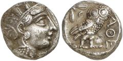 GRIECHEN ATTIKA ATHEN Tetradrachme (16,91g). 4. Jh. v. Chr. Vs.: Kopf der Athena mit attischem Helm n. r. Rs.: AΘE, Eule, Olivenzweig und Mondsichel. Svoronos Taf. 19. Tönung, gutes ss
