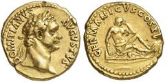 RÖMER RÖMISCHE KAISERZEIT Domitian, 81 - 96 n. Chr. Aureus (7,66g). 90 - 91 v. Chr. Mzst. Rom. Vs.: DOMITIANVS AVGVSTVS, Kopf mit Lorbeerkranz n. r. Rs.: GERMANICVS COS XV, trauernde Germania sitzt au