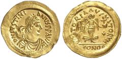 BYZANZ Iustinian I., 527 - 565 n. Chr. Tremissis (1,48g). 535 - 565 n. Chr. Mzst. in Sizilien. Vs.: D N IVSTINI-ANVS PP AVG, drapierte Panzerbüste mit Perlendiadem n. r. Rs.: VICTORIA AVGVSTORVM / CON