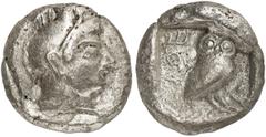GRIECHEN ATTIKA ATHEN Tetradrachme (17,19g). Um 505 - 490 v. Chr. Vs.: Kopf der Athena mit attischem Helm und Lorbeerkranz n. r. Rs.: AΘE, Eule und Olivenzweig. Svoronos Taf. 6; Seltman Taf. XIII, Gru