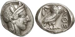 GRIECHEN ATTIKA ATHEN Tetradrachme (17,08g). nach 449 v. Chr. Vs.: Kopf der Athena mit attischem Helm n. r. Rs.: AΘE, Eule, Oliven­zweig und Mondsichel. Svoronos Taf. 19. Tönung, breiter Schrötling, g