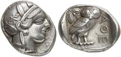 GRIECHEN ATTIKA ATHEN Tetradrachme (17,17g). nach 449 v. Chr. Vs.: Kopf der Athena mit attischem Helm und Lorbeerkranz n. r. Rs.: AΘE, Eule, Olivenzweig und Mondsichel. Starr Taf. 22ff. Zarte Tönung, 