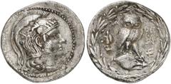 GRIECHEN ATTIKA ATHEN Tetradrachme des Neuen Stils (15,97g). 156/155 v. Chr.(?) Vs.: Kopf der Athena mit attischem Helm nach r. Rs.: A-ΘE, Eule auf Amphora zwischen zwei Monogrammen. Links Tropaion. T