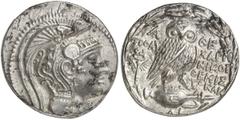 GRIECHEN ATTIKA ATHEN Tetradrachme des Neuen Stils (16,87g). 133/32 v. Chr. Vs.: Athenakopf n. r. im attischen Helm mit dreifacher Helmzier, auf dem Helm Ranke, über dem Visier Pferdeprotomen. Rs.: A-