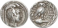 GRIECHEN ATTIKA ATHEN Tetradrachme des Neuen Stils (16,71g). 126/125 v. Chr. Vs.: Kopf der Athena mit attischem Helm nach r. Rs.: A-ΘE, Eule auf Amphora, Beamte: HΛIOΔΩ / EΠIΓENH / ΣΩΣANΔΡOΣ, im Feld 