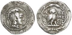 GRIECHEN ATTIKA ATHEN Hemidrachme (2,13g). 135/34 v. Chr. Vs.: Kopf der Athena mit attischem Helm nach r. Rs.: A-ΘE, Eule auf Amphora, Beamte: MENE-EΠI / ΛΥΣ. Links Schlangenstab. Thomp­son 357g. R! s