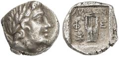 GRIECHEN LYKIEN LYKISCHER BUND Phellos Drachme (2,62g). 2. Jh. v. Chr. Vs.: Apollonkopf mit Lorbeerkranz r. Rs.: ΛΥKIΩN, Kithara zwischen Φ - E, l. Stern. Troxell ­. RRR! Unpubliziert? Tönung, ss