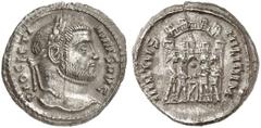 RÖMER RÖMISCHE KAISERZEIT Diocletian, 284 - 305 n. Chr. Argenteus (3,75g). ca. 294 - 295 n. Chr. Mzst. Siscia. Vs.: DIOCLETI-ANVS AVG, Kopf mit Lorbeerkranz n. r. Rs.: VIRTVS MILITVM, Tetra­rchen opfe