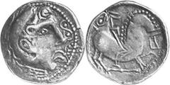KELTEN MITTLERE UND UNTERE DONAU Nachahmungen der Tetradrachmen und Teilstücke Philipps II. Objekt-Nr.: 1009 Skyphat mit Herakleskopf Tetradrachme, (11,18 g.), Vs.: Stark stilisierter Herakleskopf n. 