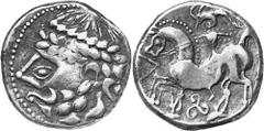 KELTEN MITTLERE UND UNTERE DONAU Nachahmungen der Tetradrachmen und Teilstücke Philipps II. Objekt-Nr.: 1012 Zopfreiter Tetradrachme, (12,04 g.), Vs.: Stilisierter Zeuskopf n. l. Rs.: Stilisierter Rei