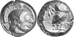 GRIECHEN ATTIKA ATHEN Objekt-Nr.: 1194 Tetradrachme, (17,38 g.), ca. 480 v. Chr. Vs.: Athenakopf mit attischem Helm nach r. Rs.: [A]QE, Eule, Olivenzweig. Seltman Group E. R! ss Aufgrund des primitive