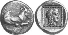 GRIECHEN LYKIEN DYNASTEN Objekt-Nr.: 1258 Uvug Tetrobol (2,83 g.), 470 / 440 v. Chr. Mzst. unbestimmt Vs.: Geflügelte androkephale Stierprotome r. Rs.: Aphroditekopf r., dahinter "uwug". Vismara II, 9
