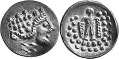 KELTEN MITTLERE UND UNTERE DONAU Nachahmungen der Tetradrachmen von Thasos Objekt-Nr.: 13 Klasse V: Punktlegende Tetradrachme, (16,83 g.), Vs.: Stark stilisierter Kopf des Dionysos n. r. Rs.: Stark st
