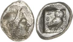 GRIECHEN ATTIKA ATHEN Tetradrachme (17,28g). 500 - 483 v. Chr. Vs.: Kopf der Kopf der Athena im attischen Helm mit hohem, doppelten Helmbusch n. r., das Haar in Wellen. Rs.: AQE, Eule im Quadratum inc