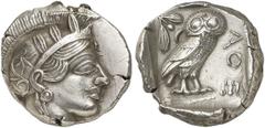GRIECHEN ATTIKA ATHEN Tetradrachme (17,07g). nach 449 v. Chr. Vs.: Kopf der Athena mit attischem Helm n. r. Rs.: AΘE, Eule, Olivenzweig und Mondsichel. Svoronos Taf.19. Rs. leichter Doppelschlag, st E