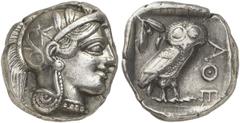GRIECHEN ATTIKA ATHEN Tetradrachme (17,09g). nach 449 v. Chr. Vs.: Kopf der Athena mit attischem Helm n. r. Rs.: AΘE, Eule, Olivenzweig und Mondsichel. Svoronos Taf.19. Fein getönt, gut zentriert, fas