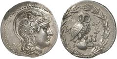 GRIECHEN ATTIKA ATHEN Tetradrachme des Neuen Stils (16,50g). 154/153 v. Chr. Vs.: Kopf der Athena mit attischem Helm nach r. Rs.: A-ΘE, Eule auf Amphora, in den Feldern Monogramme und Dioskurenmützen.