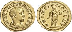 RÖMER RÖMISCHE KAISERZEIT Philipp II. als Caesar, 244 - 247 n. Chr. Aureus (4,15g). 244 - 246 n. Chr. Mzst. Rom. Vs.: M IVL PHILIPPVS CAES, drapierte Büste n.r. Rs.: PRINCIPI IVVENT, Philipp II. steht