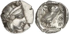 GRIECHEN ATTIKA ATHEN Tetradrachme (17,13g). nach 449 v. Chr. Vs.: Kopf der Athena mit attischem Helm n. r. Rs.: AΘE, Eule, Oliven­zweig und Mondsichel. Svoronos Taf. 10 ff. SNG München Taf. 2,46 ff. 