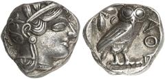 GRIECHEN ATTIKA ATHEN Tetradrachme (17,14g). nach 449 v. Chr. Vs.: Kopf der Athena mit attischem Helm n. r. Rs.: AΘE, Eule, Oliven­zweig und Mondsichel. Svoronos Taf. 10 ff. SNG München Taf. 2,46 ff. 
