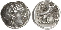GRIECHEN ATTIKA ATHEN Tetradrachme (17,11g). 4. Jh. v. Chr. Vs.: Kopf der Athena (mit seitlich gesehenem Auge) mit attischem Helm n. r. Rs.: AΘE, Eule, Olivenzweig und Mondsichel. Svoronos Taf. 19 f.;