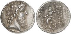 GRIECHEN SYRIEN SELEUKIDEN Demetrios II., 2. Regierung, ca. 130 - 125 v.Chr. Tetra- d­rachme (16,52g). 128/7 v. Chr. Mzst. Damaskus. Vs.: Kopf mit langem Bart u. Diadem n. r. Rs.: BAΣIΛEΩΣ / ΔHMHTΡIOΥ
