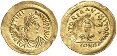 BYZANZ Iustinian I., 527 - 565 n. Chr. Tremissis (1,48g). 535 - 565 n. Chr. Mzst. in Sizilien. Vs.: D N IVSTINI-ANVS PP AVG, drapierte Panzerbüste mit Perlendiadem n. r. Rs.: VICTORIA AVGVSTORVM / CON