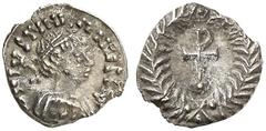 BYZANZ Iustinian I., 527 - 565 n. Chr. 1/4 Siliqua (?) (0,44g). 552 - 565 n. Chr. Mzst. Ravenna. Vs.: D N IVSTINI-ANVS PP AVG, drapierte Panzerbüste mit Perlendiadem n. r. Rs.: Im Kranz ein Christogra