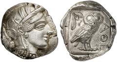 GRIECHEN ATTIKA ATHEN Tetradrachme (17,20g). Nach 449 v. Chr. Vs.: Kopf der Athena mit attischem Helm n. r. Rs.: AΘE, Eule, Olivenzweig u. Mondsichel. Svoronos Taf. 19. Perfekt zentriertes, vorzüglich