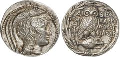 GRIECHEN ATTIKA ATHEN Tetradrachme des Neuen Stils (16,92g). 110 - 109 v. Chr. Vs.: Kopf der Athena mit attischem Helm n. r. Rs.: A-ΘE, Eule auf Amphora, Beamte ΠOΛΥ-XAΡM / NIKOΓ / ΦIΛOΔΡ, im Feld l. 