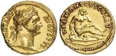 RÖMER RÖMISCHE KAISERZEIT Domitian, 81 - 96 n. Chr. Aureus (7,71g). 90 - 91 n. Chr. Mzst. Rom. Vs.: DOMITIANVS AVGVSTVS, Kopf mit Lorbeerkranz n. r. Rs.: GERMANICVS COS XV, trauernde Germania sitzt au