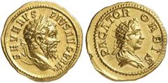 RÖMER RÖMISCHE KAISERZEIT Septimius Severus, 193 - 211 n. Chr. Aureus (7,57g). Nach 210 n. Chr. Mzst. Rom. Vs.: SEVERVS PIVS AVG BRIT, Kopf mit Lorbeerkranz n. r. Rs.: PACATOR ORBIS, drapierte Büste d