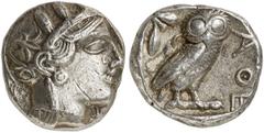 GRIECHEN ATTIKA ATHEN Tetradrachme (17,16g). Ca. 440 - 407 v. Chr. Vs.: Kopf der Athena mit verziertem, bekränzten attischen Helm n. r. Rs.: AΘE, Eule steht n. r., Kopf in Vorderansicht, im Feld links