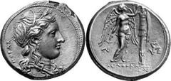 GRIECHEN SIZILIEN SYRAKUS Objekt-Nr.: 76 Agathokles, 317 - 289 v.Chr. Tetradrachme, (17,02 g.), 3. Periode, ca. 305 - 295 v.Chr. Vs.: AGAQOKLEIOS, Kopf der Kore n. r. Rs.: Nike errichtet Tropaion, r. 