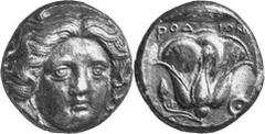 GRIECHEN KARISCHE INSELN RHODOS Objekt-Nr.: 231 Tetradrachme, (15,01 g.), 2. Viertel 4. Jh. v. Chr. Vs.: Kopf des Helios leicht n. r. gewandt. Rs.: Rose, darüber RODION, r. im Feld Patera, l. F. D. Be