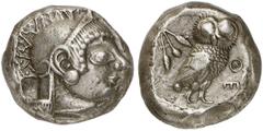 GRIECHEN ATTIKA ATHEN. Tetradrachme (15,51g). 500 - 480 v. Chr. Vs.: Athenakopf mit verziertem attischen Helm n. r. Rs.: AΘE, Eule n. r., dahinter Olivenzweig. Svoronos Taf. 4; Seltman Group G; SNG Co