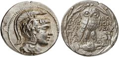 GRIECHEN ATTIKA ATHEN. Tetradrachme des Neuen Stils (16,78g). 124 / 123 v. Chr. Vs.: Kopf der Athena mit attischem Helm n. r. Rs.: A-ΘE, Eule auf Amphora, Beamte MIK-IΩN / EΥΡ/ΥKΛEI / ΠA/ΡA, im Feld l