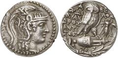 GRIECHEN ATTIKA ATHEN. Tetradrachme des Neuen Stils (16,44g). 110 / 109 v. Chr. Vs.: Kopf der Athena mit attischem Helm n. r. Rs.: A-ΘE, Eule auf Amphora, Beamte: ZΩI-ΛOΣ / EΥAN-/ΔΡOΣ / ANTI/ΣΘE, im F