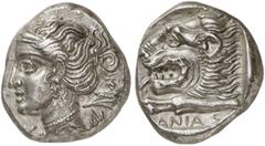 GRIECHEN KARIEN KNIDOS. Tetradrachme (14,91g). ca. 395 - 393 v. Chr. Vs.: K-NI, Kopf der Aphrodite n. l., dahinter Schiffsbug. Rs.: Löwenprotome n. l., darunter [Φ]ANIAΣ. SNG Keckman ­ ; Hecatomnus Ho